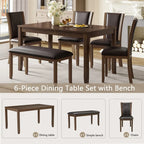 6-Piece Farmhouse Dining Set with Bench and Chairs, Dark Walnut Wooden Table for 6, Rustic Kitchen or Dining Room