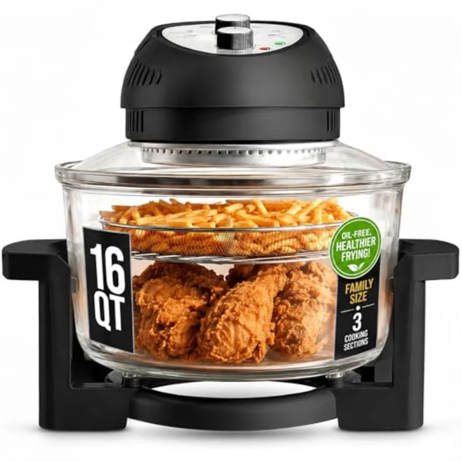16 Qt Large Glass Air Fryer Non Toxic, Black PFOA/PTFE/BPA Free, Large Family Sized Airfryer Cooker with 3 Cooking Sections, No
