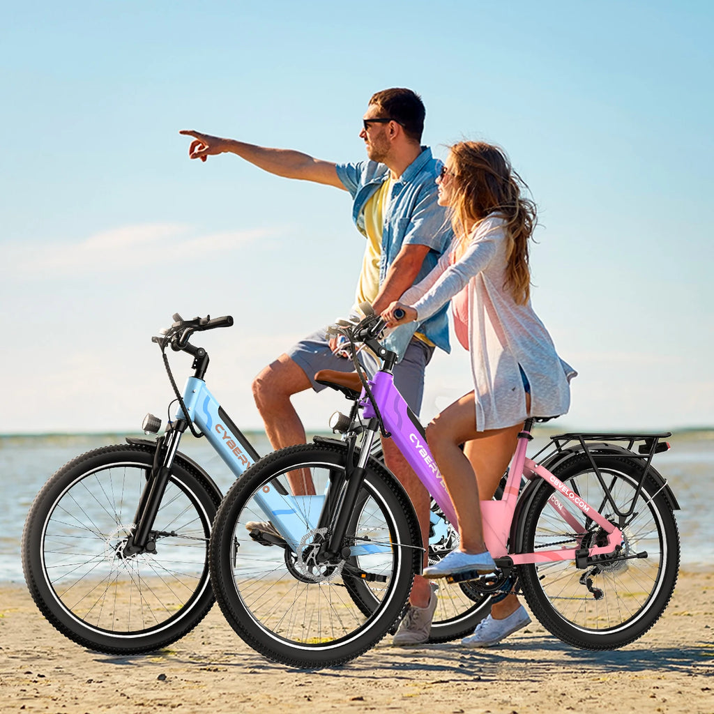 Cybervelo 1000W Peak 26" Electric Bike Adults 80Miles Removable Battery 7-Speed Ebike Beach Snow Commute E Bicycle for Men Women EK2
