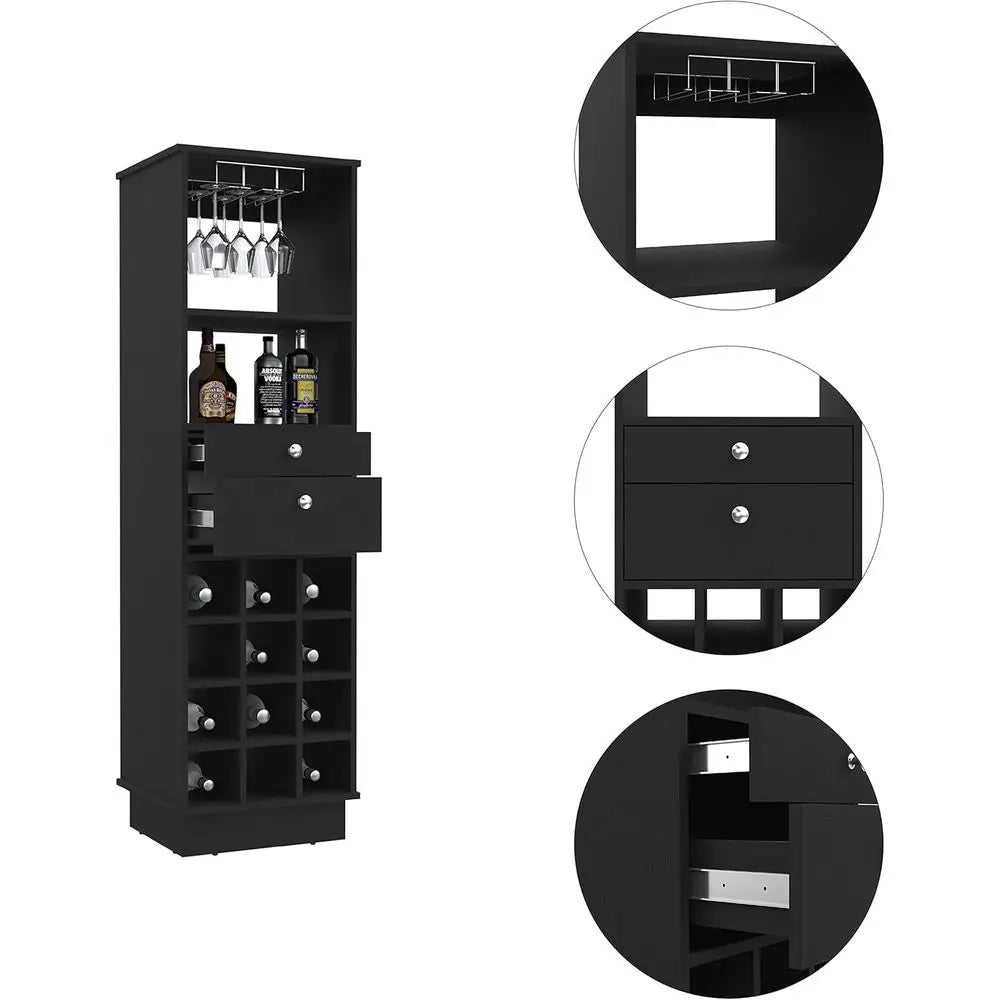 Contemporary Wine and Bar Cabinet with 12 Bottle Holders, 2 Drawers, Glass Rack, and Shelves, Black