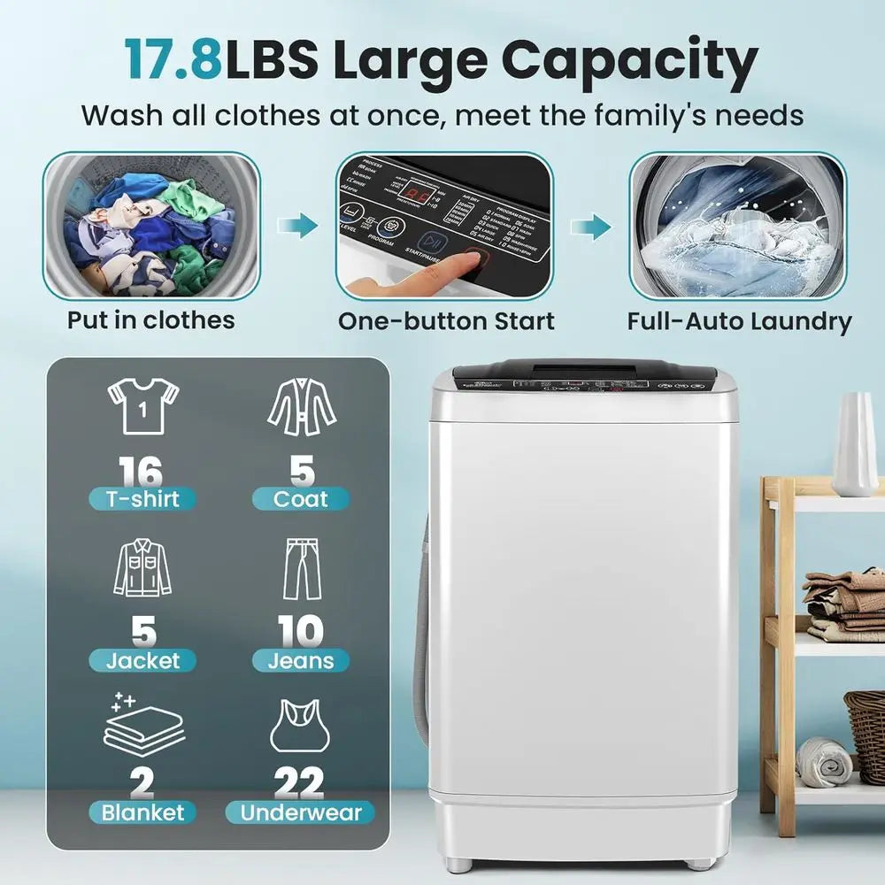 Compact 17.8 lbs Automatic Portable Washing Machine with 10 Programs, LED Display and Drain Pump, Ideal for RV, Dorm, and Home U