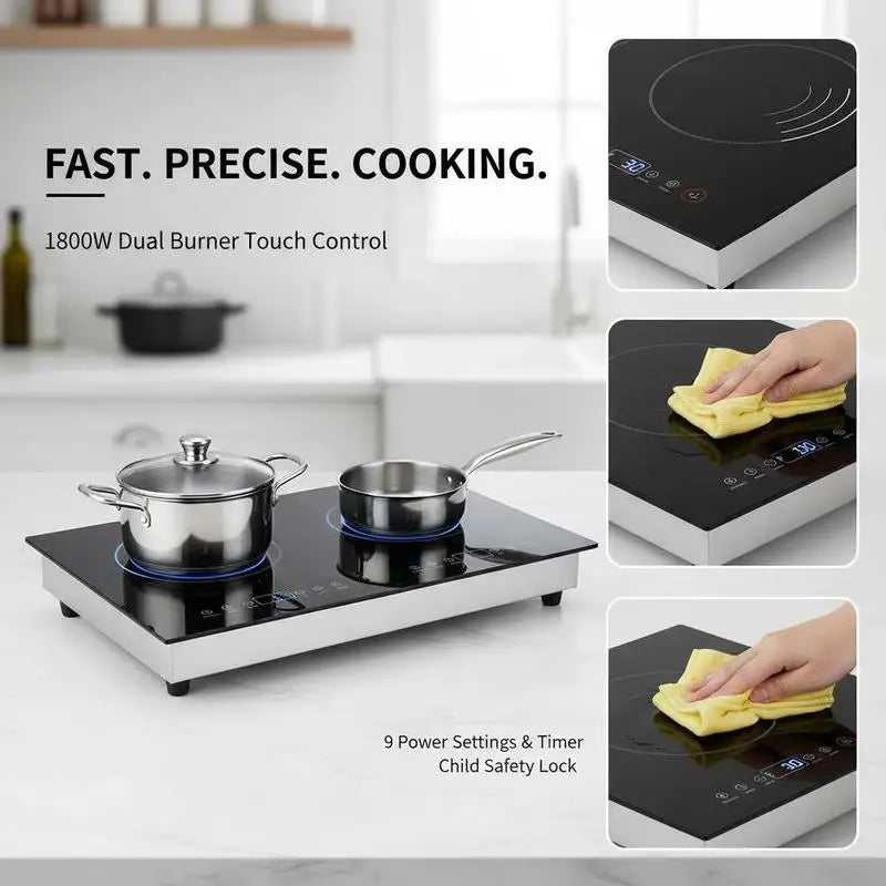 Double Induction Hob 24 Inch For Kitchen Countertop Apartment RV 1800W Dual Burner Touch Control Stove Built-in Cooktop 9 Power Levels Child Lock Timer Glass Surface