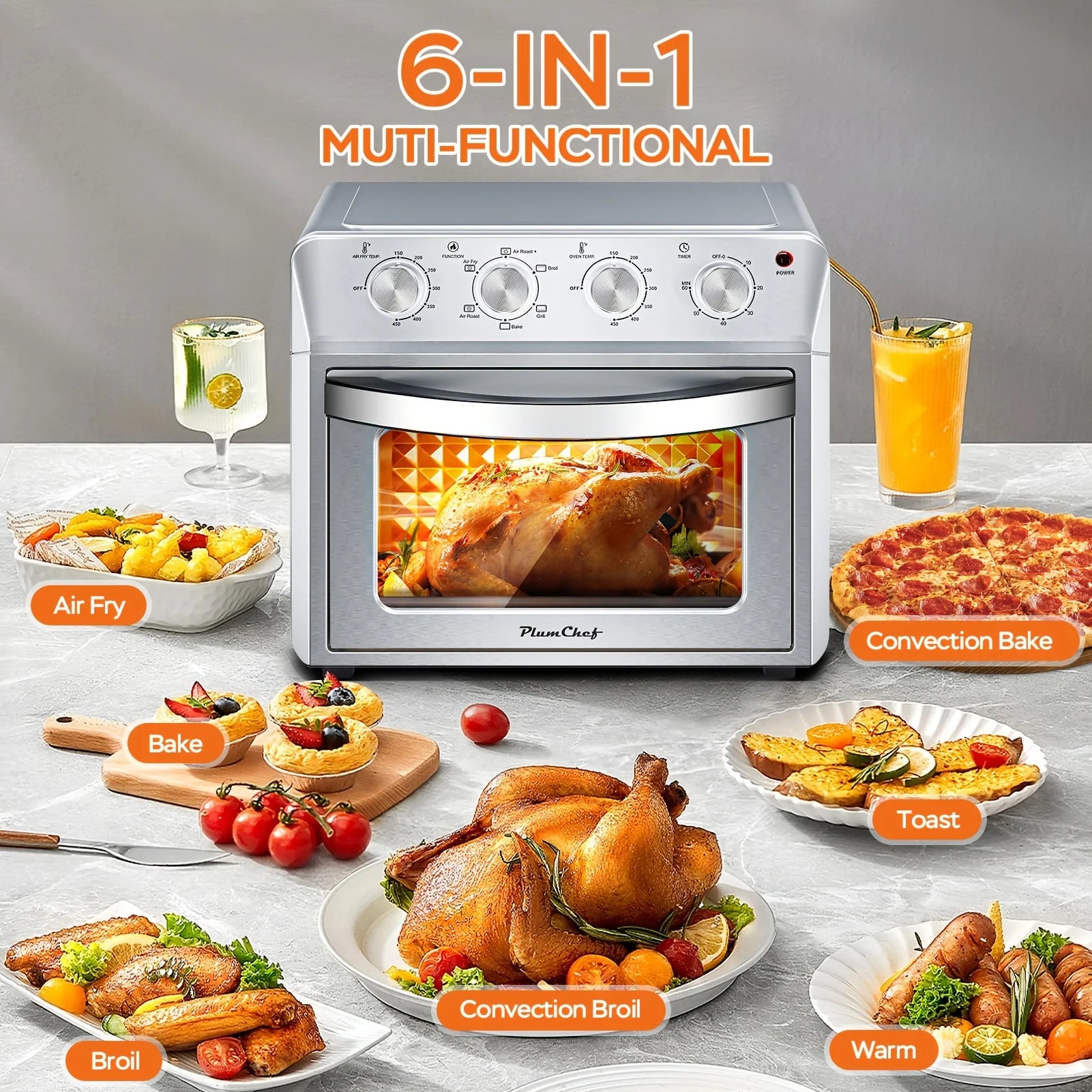 Plum Chef 27.5QT Air Fryer Oven, 6-In-1 Countertop Oven, Air Fry, Bake, Broil, Toast, Warm, Dehydrate, 4 Knob Control, 1600W, Family Size, Silver