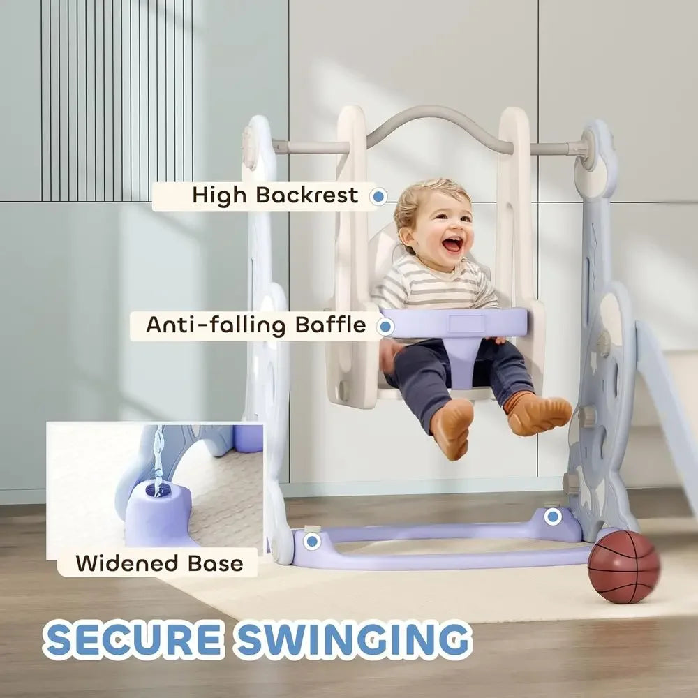 Light Blue Toddler Slide and Swing Set for Ages 1.5-4, Indoor Playground with Climber, Basketball, and Rocket Theme