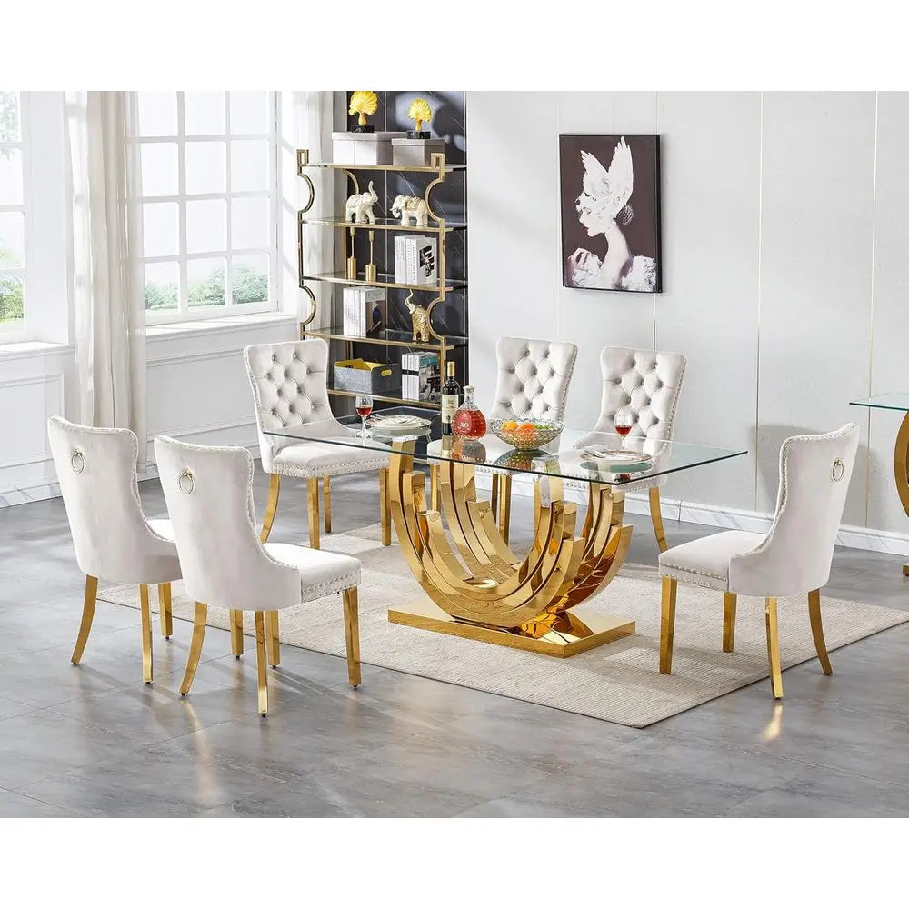 7-Piece Elegant Glass Dining Set with 70 Table and 6 Beige Chairs