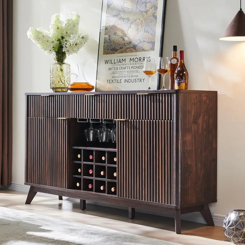 luted Wine Bar Cabinet, 60" Wide ern Buet Sideboard with Ample Storage - 2 Side Cabi, 3 Ders, 4 Glass Holders & 12 Wine Racks, C