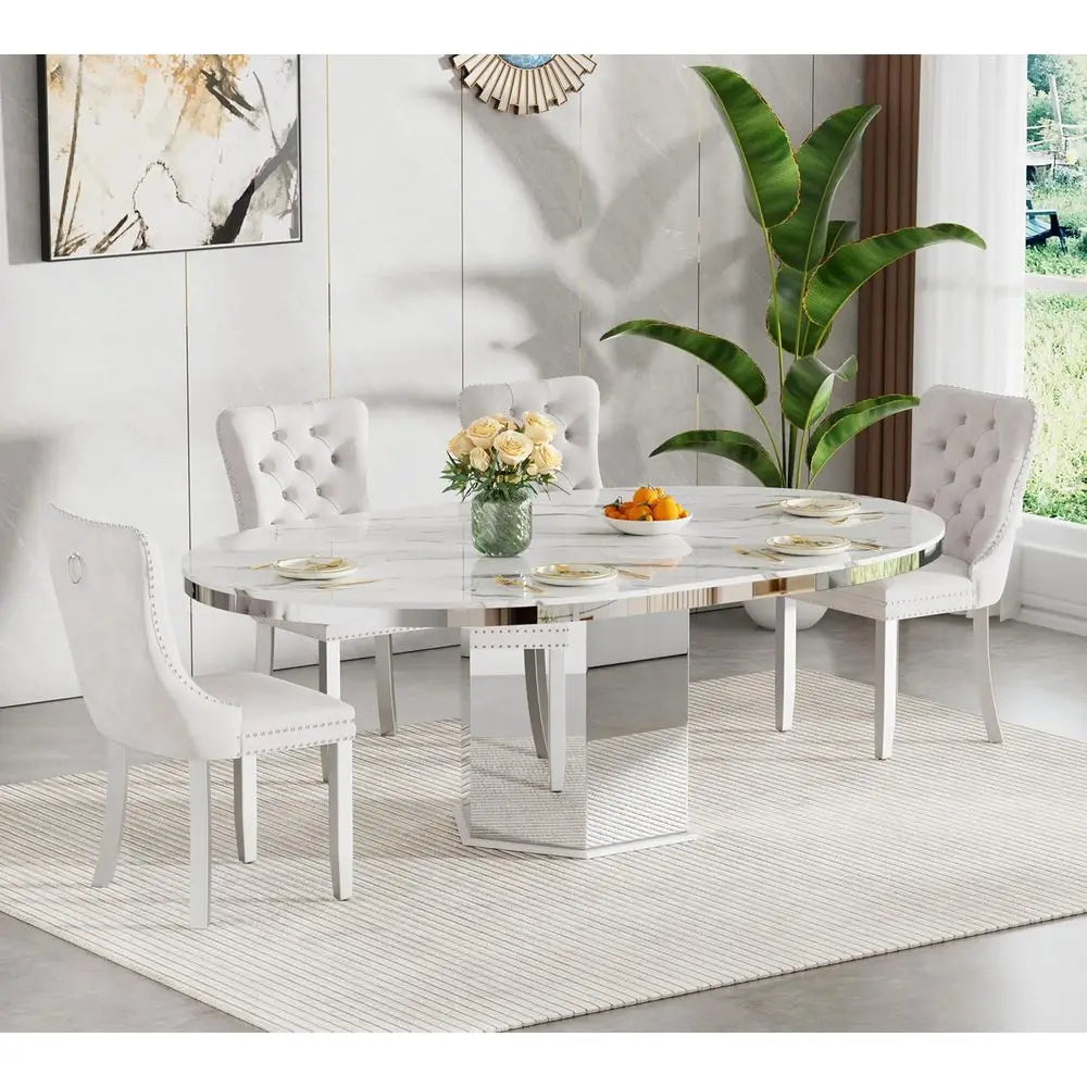 Round Expanding Marble Dining Table Set with Velvet Chairs
