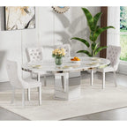 Round Expanding Marble Dining Table Set with Velvet Chairs