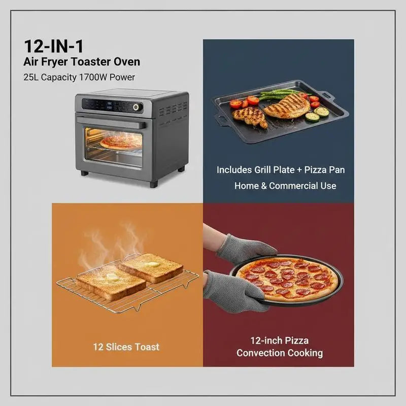 Convection Countertop Oven 25L For Kitchen Restaurant Office, 12-IN-1 Versatile Cooker 1700W Power Metal Housing Grill Pizza Pan Gloves Included 12-Slice Toast 12-Inch Pizza Capacity Professional Cooking Appliance