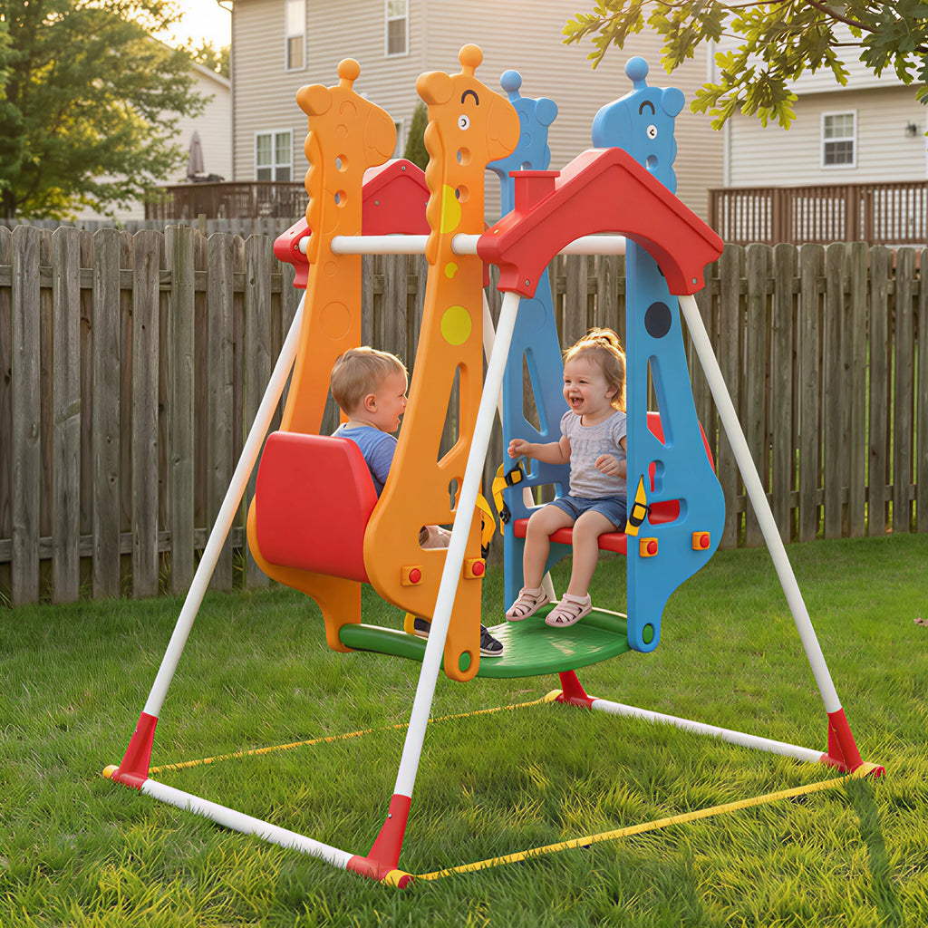 Face-to-Face Kids’ Swing, Stable A-Frame, 2-Seat, Indoor & Outdoor, Baby & Toddler Swing with Safety Belts, Giraffe Design