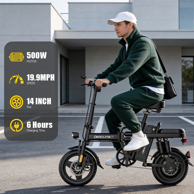 14'' Commuter Ebike 500W Motor, Removable Battery Max 19.9MPH Dural Disc Brake with  Two shock-absorbing models optional, Mini Electric Bicycle for Adults,College Students, Commuters & Urban Riding E-Bike
