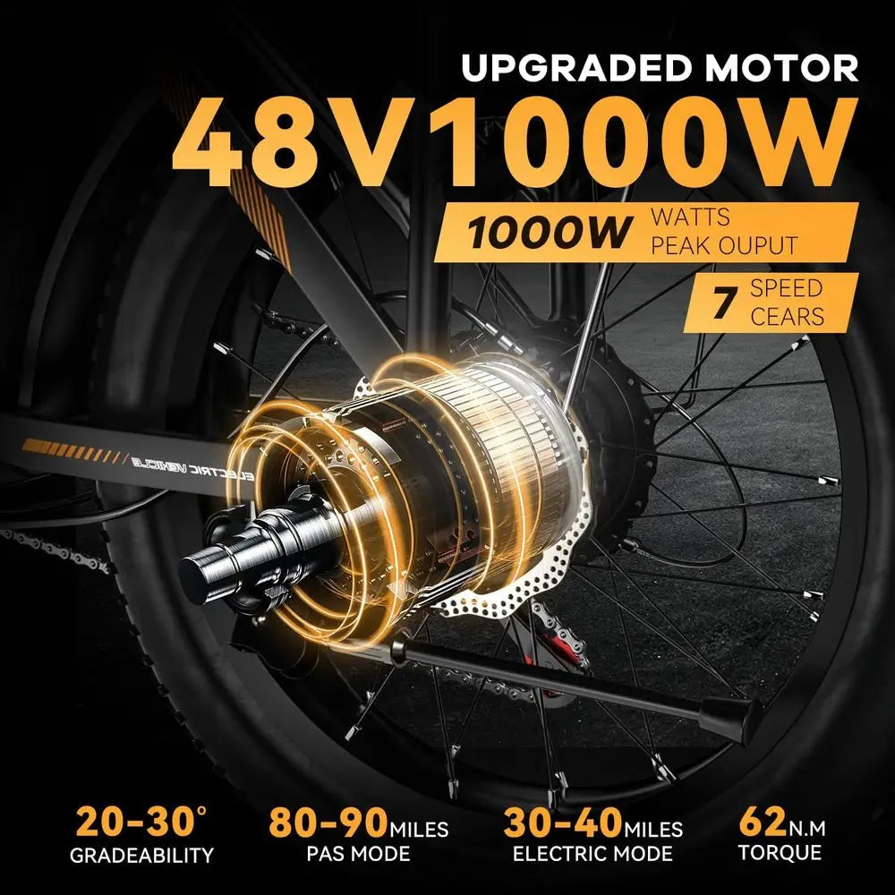 48V 20AH Removable Battery Electric Bike - 1000W, 80-Mile Range, 20 Tires for Adults