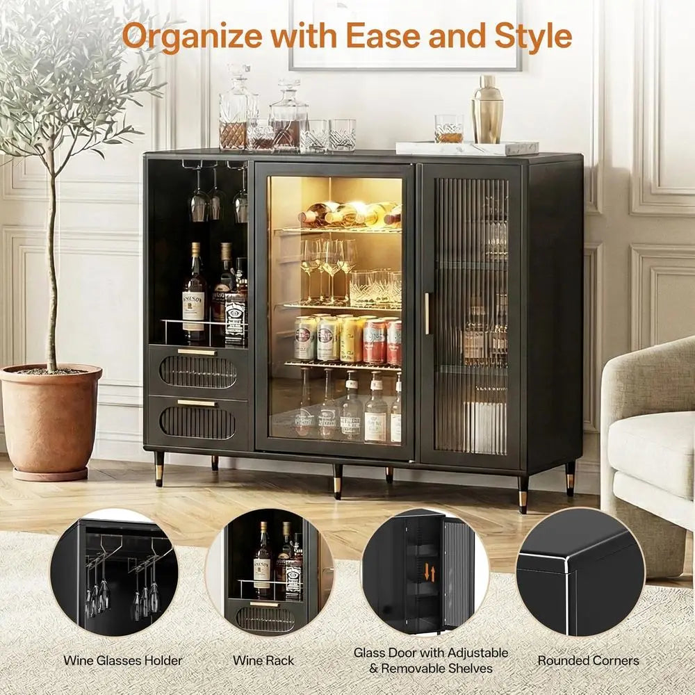 Elegant 47.2 Wide Coffee Bar Cabinet with Ridge Space, Gold Accents, and Wine Glass Rack for Home Storage