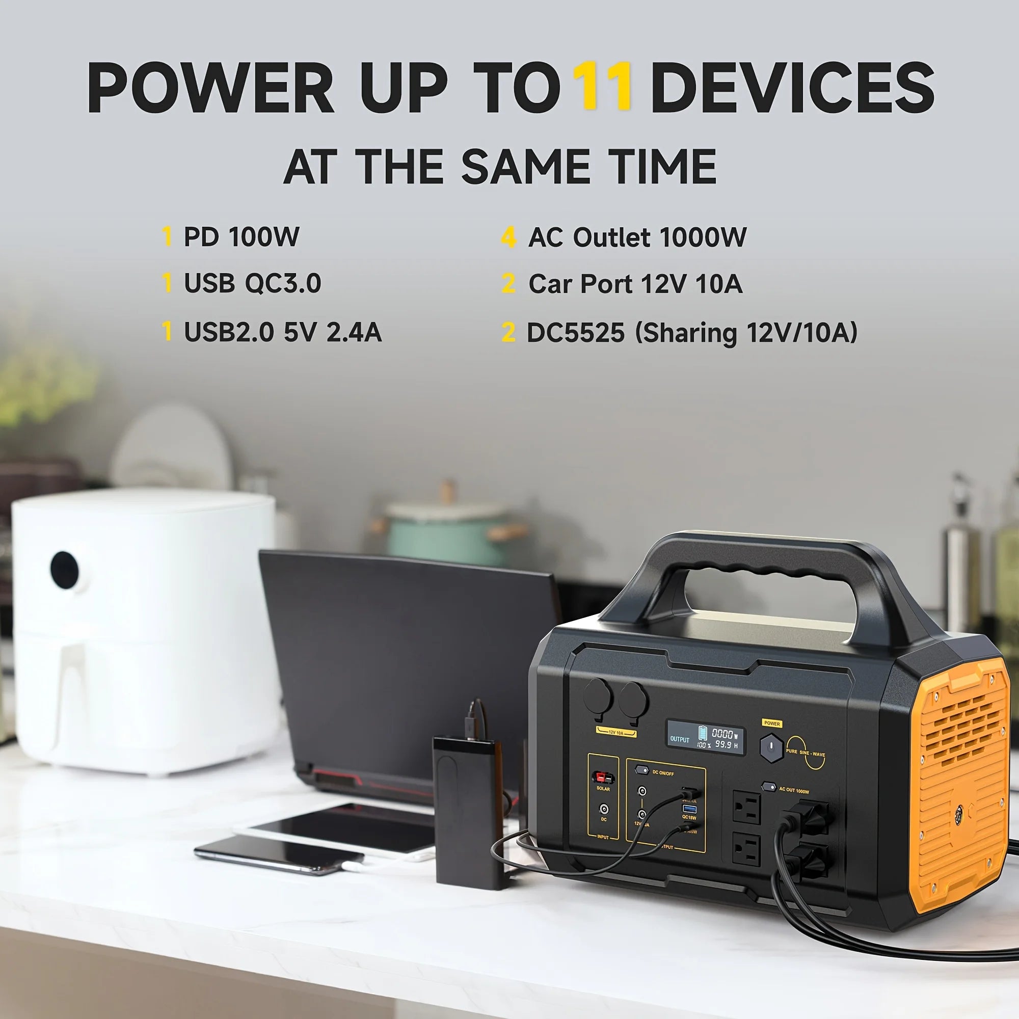 1075Wh/1000W (Peak 2000W) Portable Power Station, 1075Wh LiFePO4 Battery, Fast Charging, Solar Generator(Excluding Solar