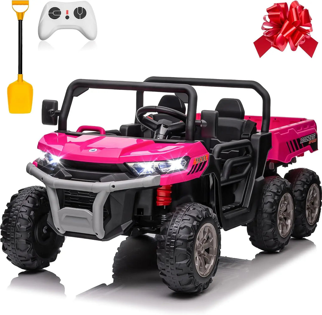4x4 24V Ride on Dump Truck with Remote Control, 2 Seater Electric Powered Ride on Toys, 6-Wheel UTV Car w/ Tipping Bucket Trailer, Shovel, Suspension, Bluetooth Music,