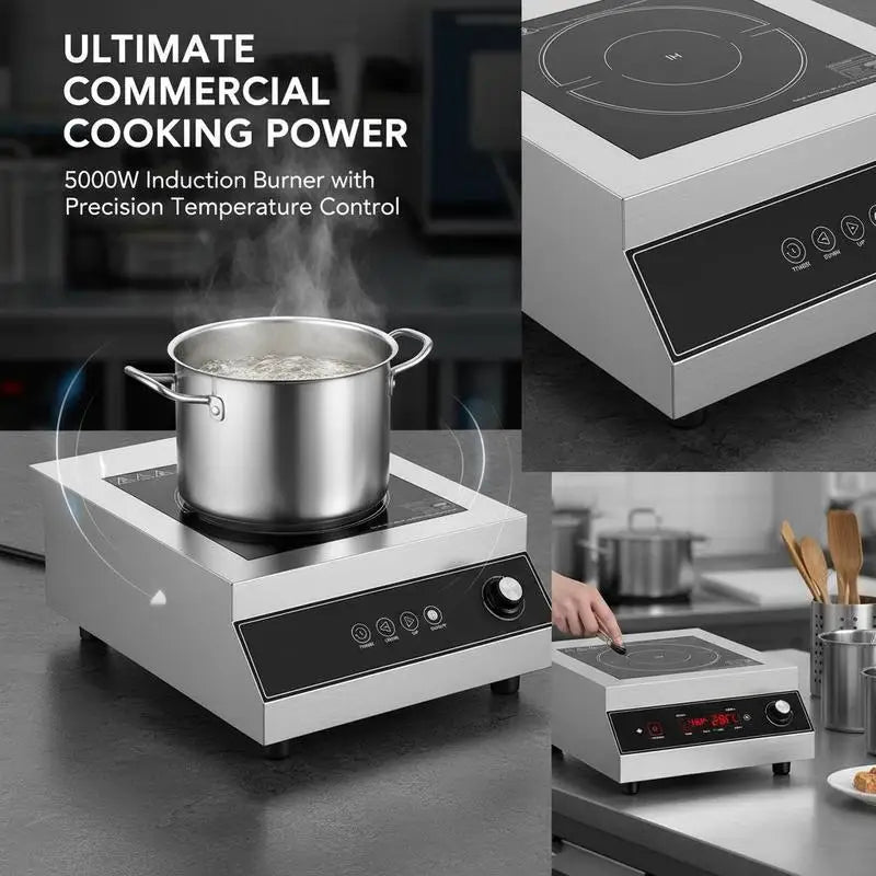 Portable Induction Cooktop, 5000W Commercial Induction Burner with 16 Temperature Settings, Stainless Steel Countertop Induction Hot Plate with 4H Timer, Child Lock, for Restaurant Cooking