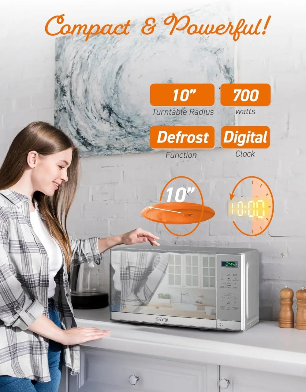 0.7 Cu Ft Countertop Microwave Oven, 700W with Digital LED Touch Controls, 10 Power Levels, Push Button Door, Stainless Steel
