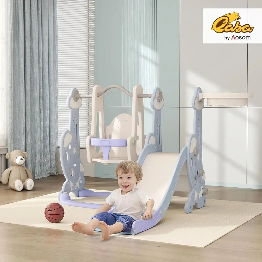 Light Blue Toddler Slide and Swing Set for Ages 1.5-4, Indoor Playground with Climber, Basketball, and Rocket Theme