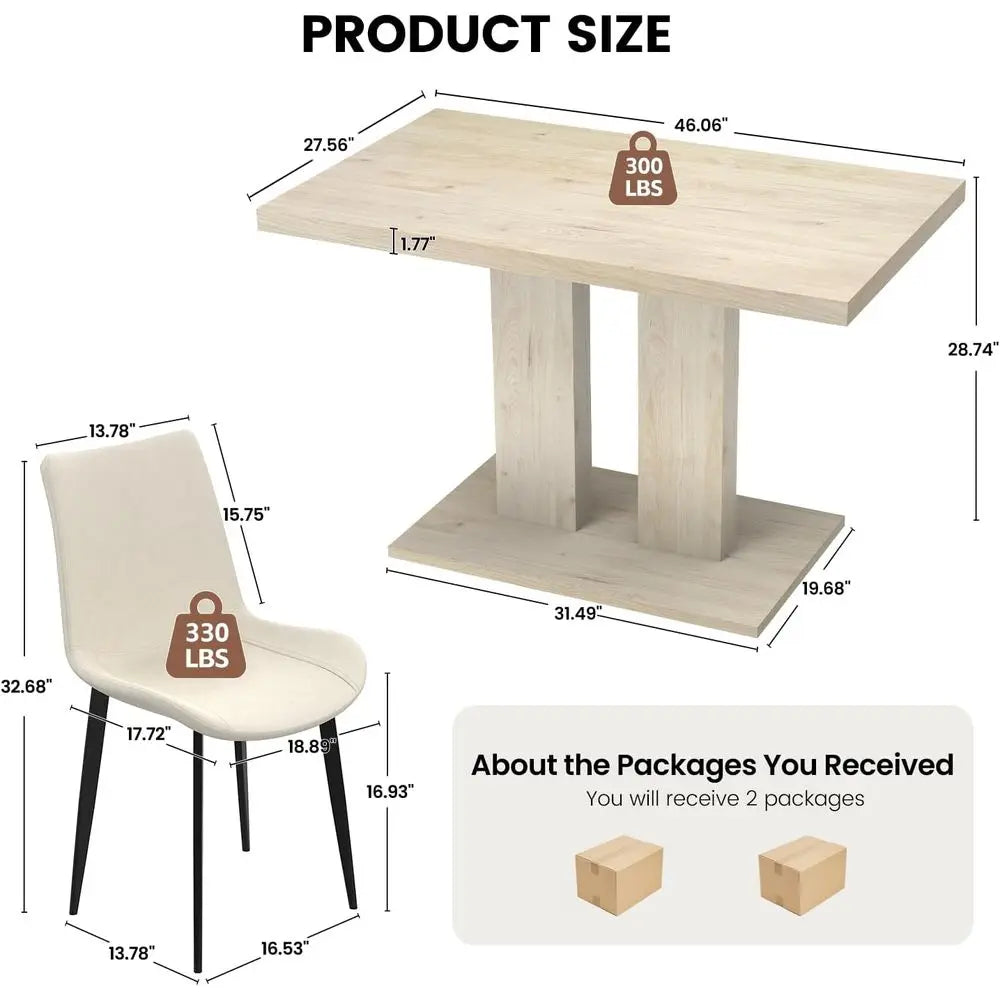 5-Piece Dining Set with 4 Upholstered Leather Chairs, 46 Pedestal Table, Modern Kitchen Furniture, Natural Finish