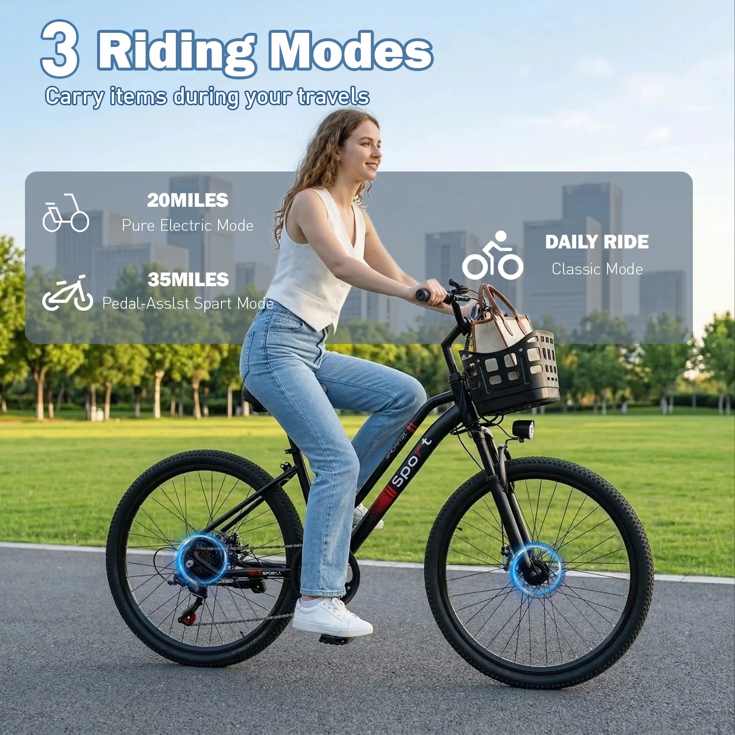 26" Electric Bike for Adults, 500W Peak Motor, 20MPH, 35+ Miles Range, 432Wh Battery, Commuter Ebike with Basket, 7-Speed, Lightweight
