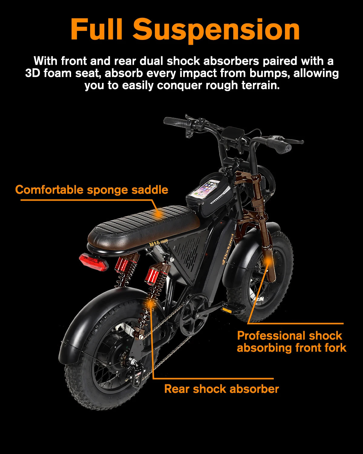 Bodywel M16PRO 16" Electric Bike for Adults/Teens, Peak 1500W48V 15.6Ah Battery,Off-Road Motorcycle Full Suspension Fat Tire All-Terrain ebike US stock