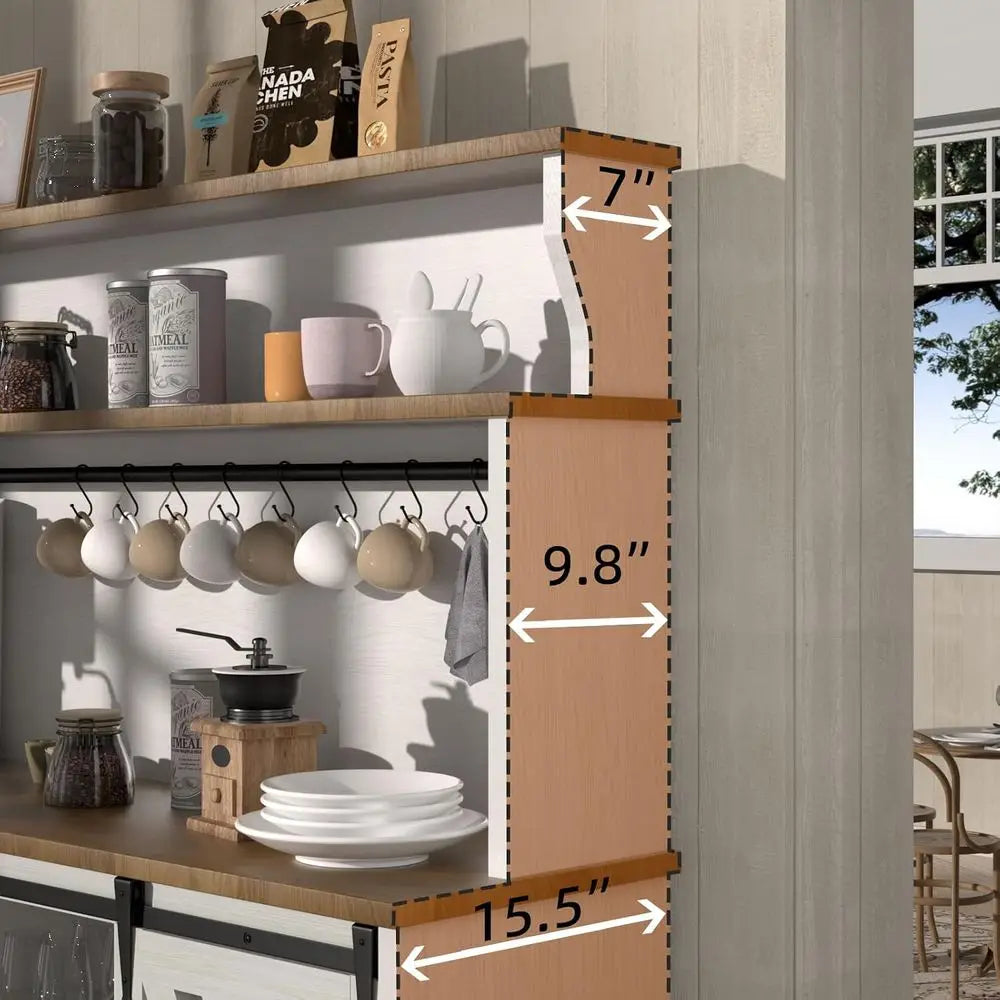 55 Large Home Coffee Bar Cabinet with 3-Tier Storage, Sliding Barn Door, 12 Wine Racks & 9 Hooks for Kitchen, Dining, Living Roo