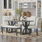 6-Piece Gray Wash & Beige Dining Set: Rectangular Table, 4 Upholstered Chairs, 1 Bench