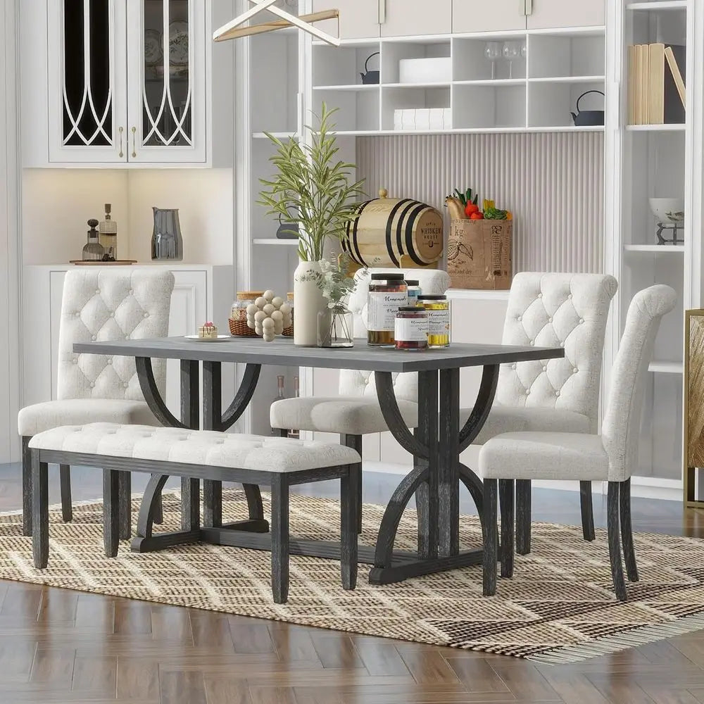 6-Piece Gray Wash & Beige Dining Set: Rectangular Table, 4 Upholstered Chairs, 1 Bench