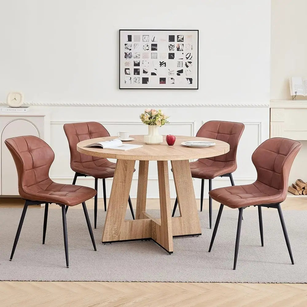47 Round Dining Table with 4 Brown Upholstered Chairs - Modern Kitchen & Living Room Set