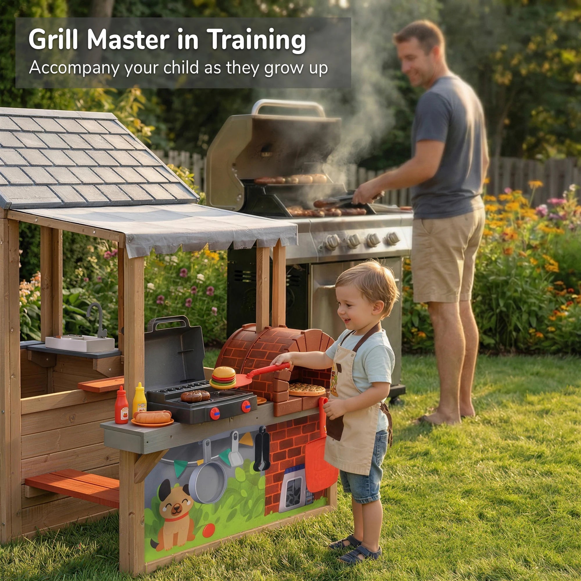 Kids Wooden Playhouse with BBQ Grill Pizza Oven, 2-in-1 Outdoor Indoor Pretend Play Cottage with Sink Whiteboard Doorbell Mailbox, Backyard Role Play Bakery House Toy for Toddlers Boys Girls