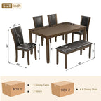6-Piece Farmhouse Dining Set with Bench and Chairs, Dark Walnut Wooden Table for 6, Rustic Kitchen or Dining Room