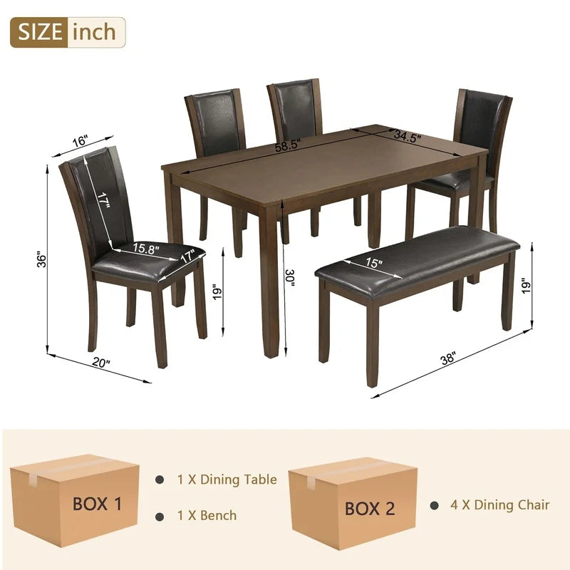 6-Piece Farmhouse Dining Set with Bench and Chairs, Dark Walnut Wooden Table for 6, Rustic Kitchen or Dining Room