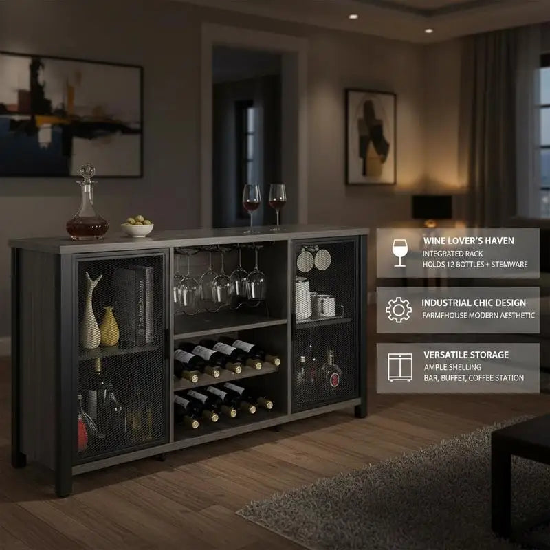 Industrial Drinks Credenza 47 Inch For Kitchen Home Bar Living Room, Sideboard Buffet Wine Rack Farmhouse Wood Furniture Storage Cabinet