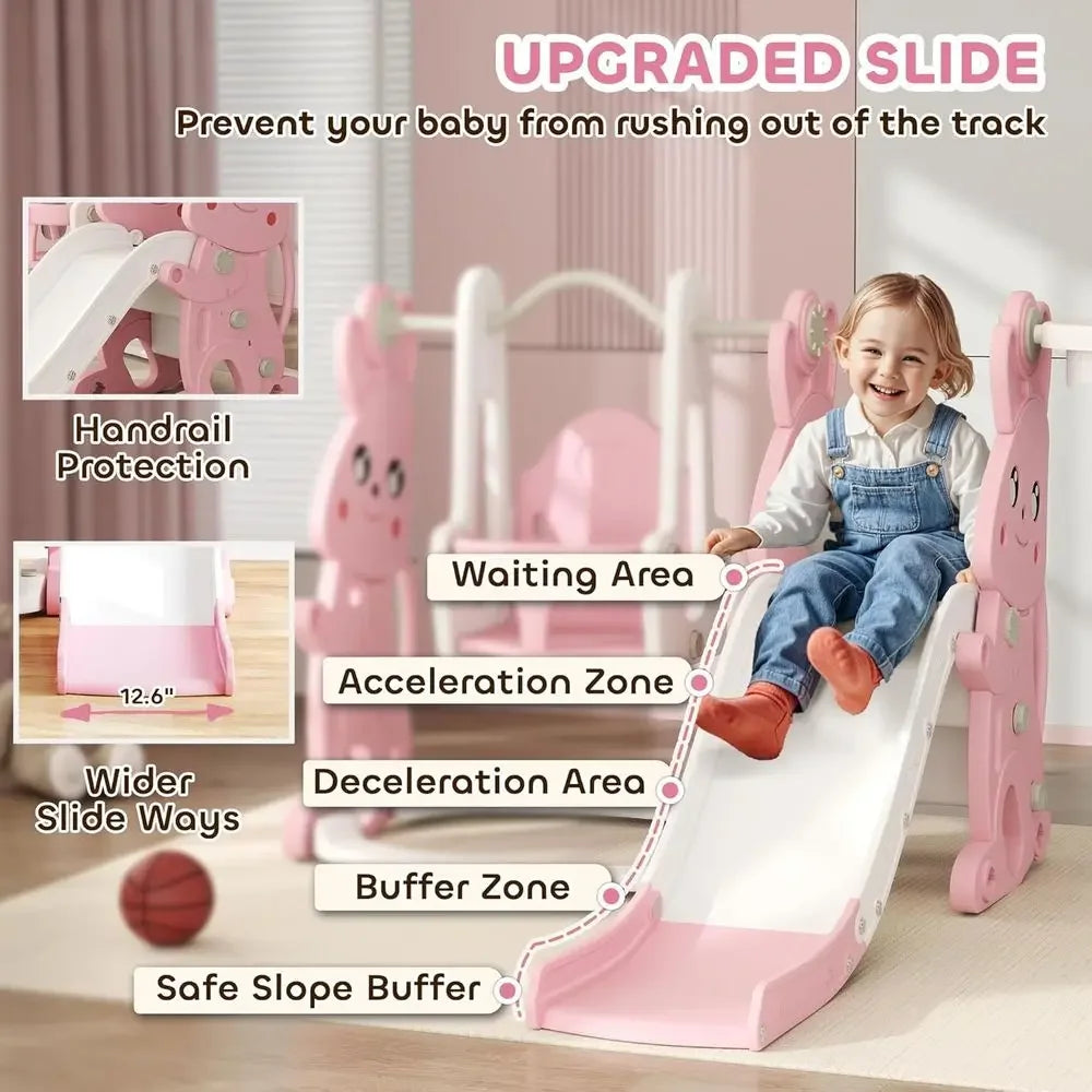 Toddler Slide and Swing Set for Ages 1.5-4, Rabbit-Themed Playset with Climber, Basket Hoop, Suitable for Indoor or Outdoor Use,