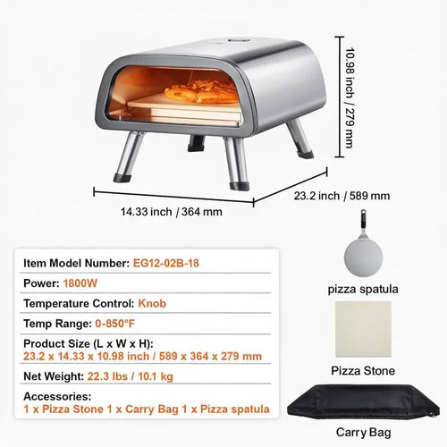 12" Electric Pizza Oven Countertop, Stainless Steel Pizza Maker Machine with Pizza Stone and Spatula, Heats up to 850°F, Multipurpose Indoor & Outdoor Pizza Cooker for Restaurant Home Camping