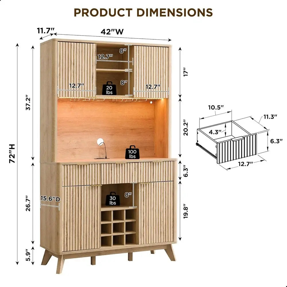 72" Tall luted Coee Bar Cabinet with Ample Storage, ern Buet Sideboard with Glass Holder/Wine Rack/Led Lights/Charging Station,