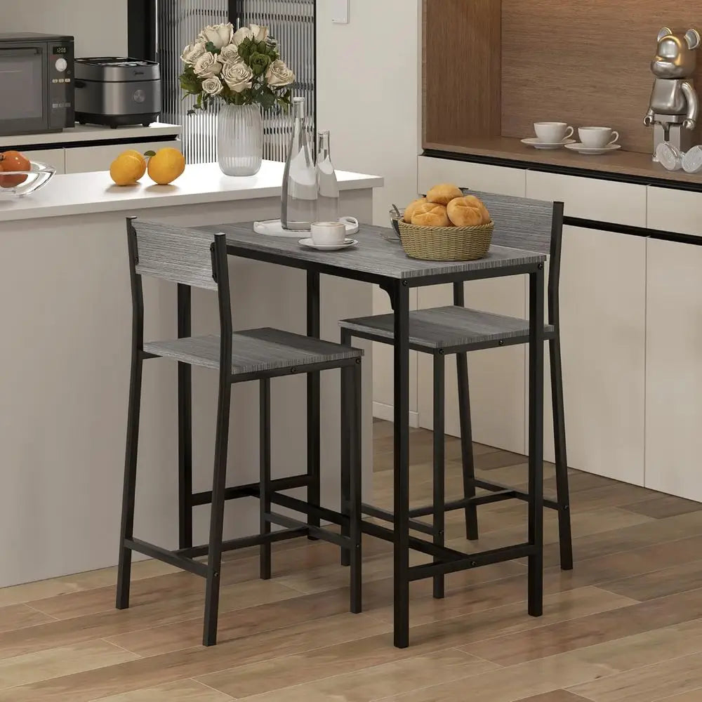 Gray Industrial 3-Piece Bar Table Set with Chairs, Compact Dining for Small Spaces
