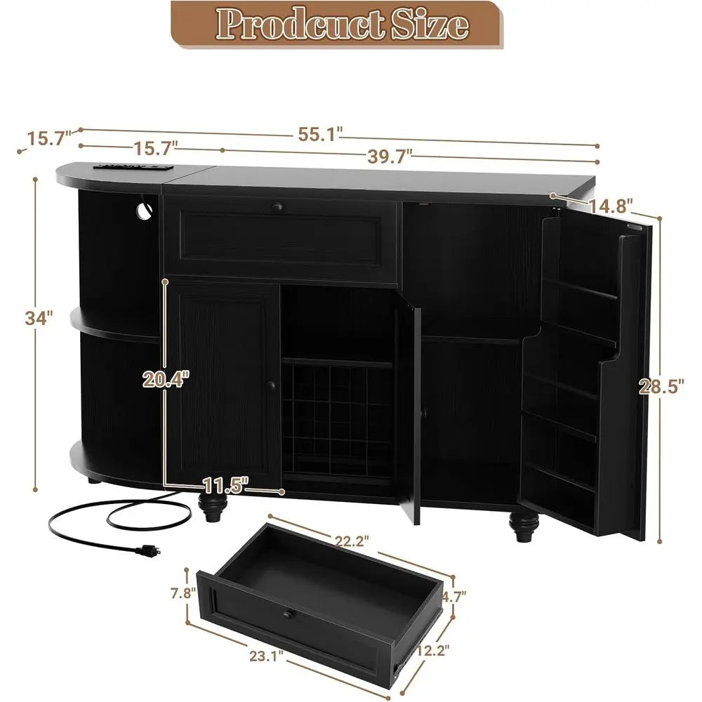55 Coffee Bar with Outlet, Wine Rack Cabinet, Home Coffee Bar, Buffet Sideboard Storage for Kitchen, Dining, Living Rooms in Bla