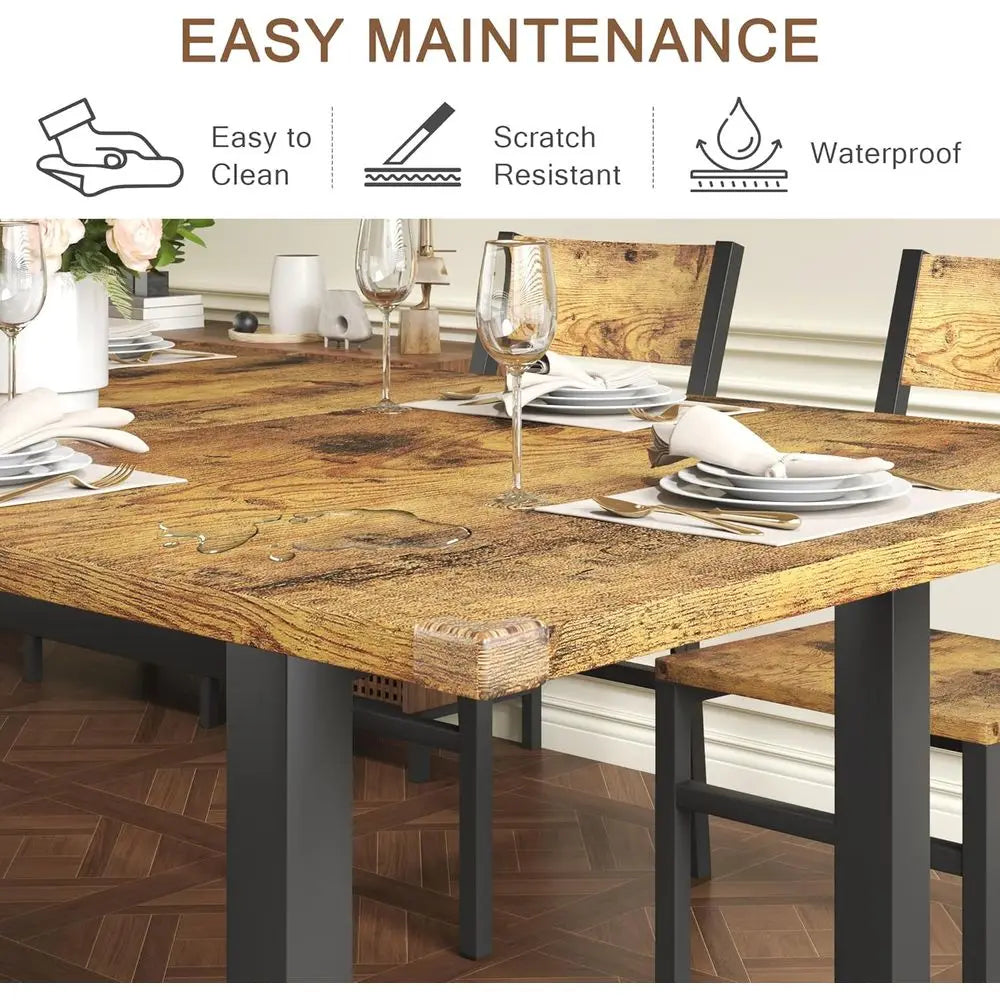 Rustic Brown 7-Piece Dining Set with 63 Extendable Table and 6 Chairs for Kitchen or Dining Room