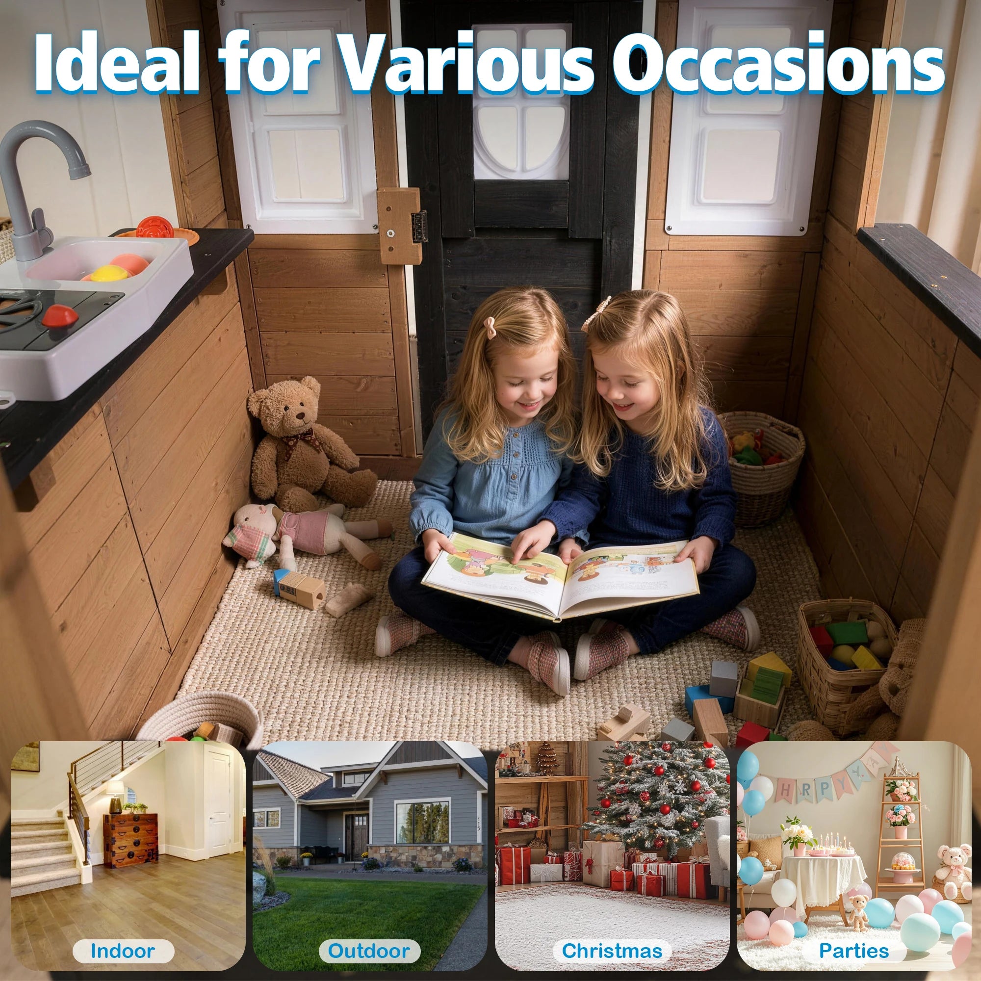 Kids Wooden Playhouse Outdoor Indoor Pretend Play Cottage with Kitchen Sink, Doorbell, Doodle Board, Clock, Flower Pot, Dog Hole Curtain, Kitchenware Accessories, Backyard Kids Role Play Game House Toy for Boys Girls
