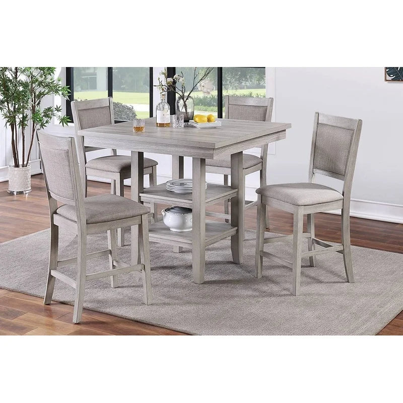 Modern Rustic Grey Square Dining Table Set with Shelves and Cushioned Chairs, 5-Piece Counter Height Furniture