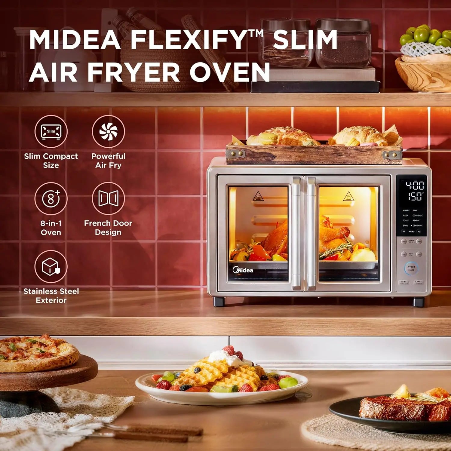 8-in-1 French Door Toaster Oven Air Fryer Combo, Compact 25QT Countertop with Infrared SpeedHeat, Stainless Steel