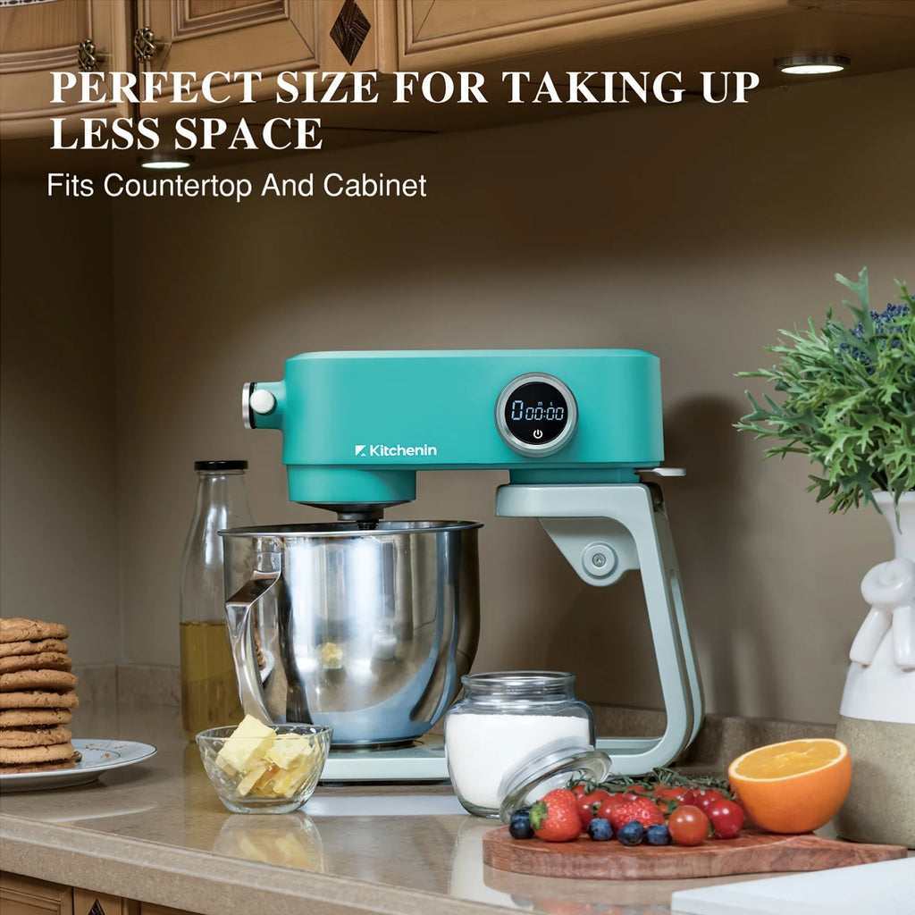 Heavy-Duty All-Metal Stand Mixer – 5.3-Quart Capacity, Quiet DC Motor, 8 Adjustable Speeds + Built-in Timer, Stainless Steel Attachments (Whisk, Beater, Dough Hook, Flat Beater), Multifunctional Power Hub for Optional Acces