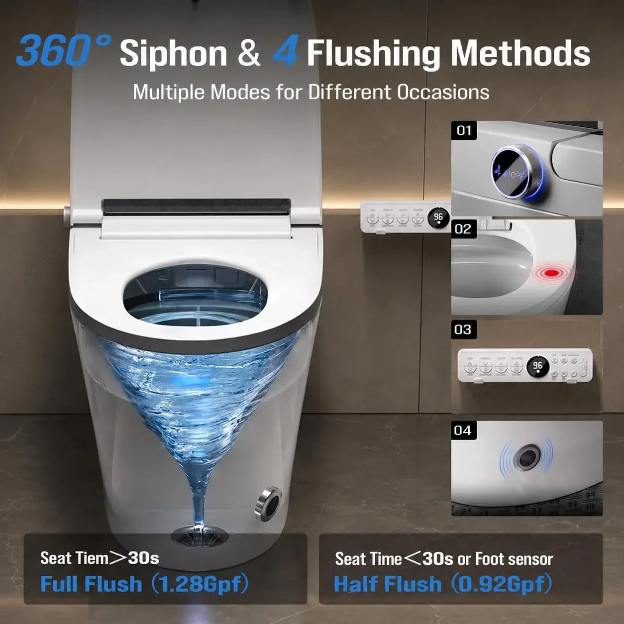 Smart Toilet with Bidet Built In, Heated Seat & Dual Auto Flush, Foot Sensor, Tankless Electric Toilet with Warm Water Wash, Air Dryer, LED Display