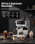 20 Bar Espresso Machine with Burr Grinder & Milk Frother, Stainless Steel, Home Coffee Maker for Cappuccino, Latte, Cold Brew, Americano