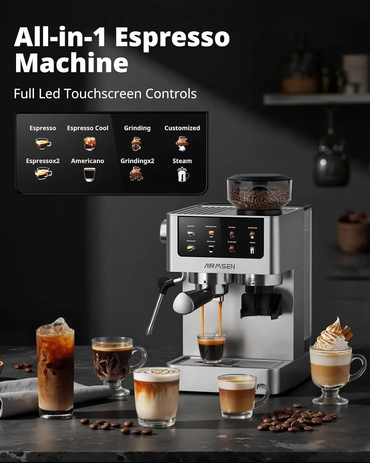 20 Bar Espresso Machine with Burr Grinder & Milk Frother, Stainless Steel, Home Coffee Maker for Cappuccino, Latte, Cold Brew, Americano