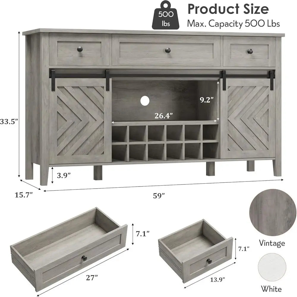 59 Vintage Wine Bar Cabinet with Sliding Door, 3 Drawers, Adjustable Shelves & Removable Rack for Dining or Living Spaces