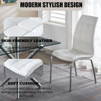 5-Piece Glass Dining Table Set, Round Kitchen Table Set or 4 with Silver Glass Table and 4 White aux Leather Upholstered Dining