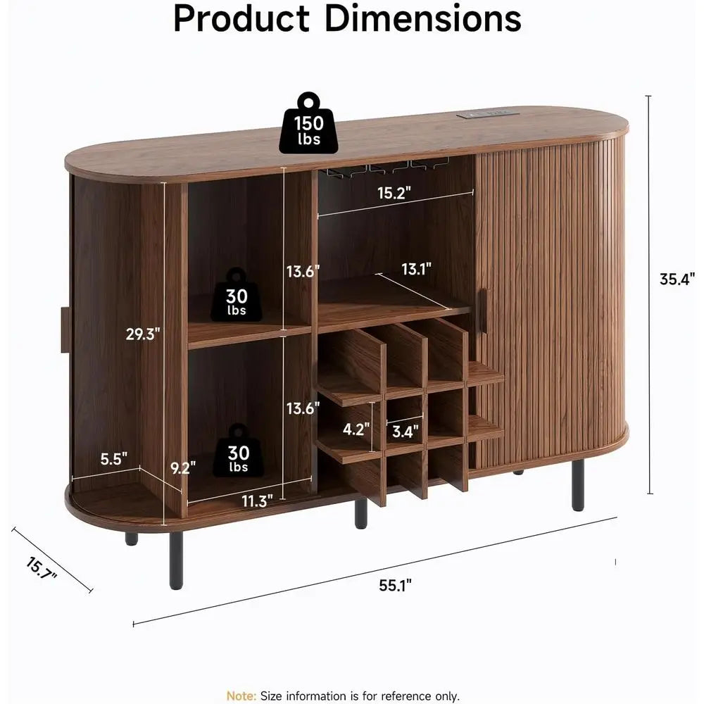 55 Walnut Modern Wine & Liquor Cabinet with LED Lighting, Storage, and Charging Station