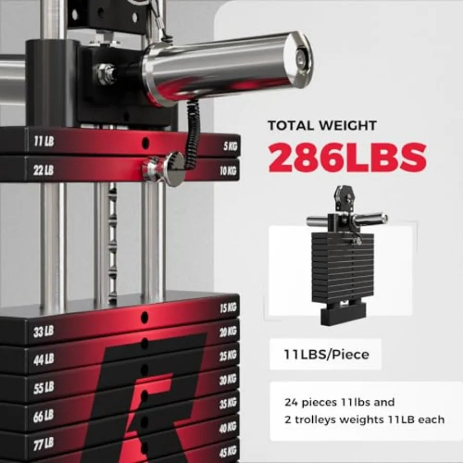 M Pro Smith Machine Package, All-in-One Power Cage with Weight Stack Set, Includes LAT Pulldown and Cable Crossover System for